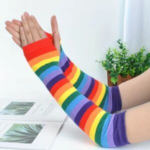Rainbow Striped Knit Sleeve Fingerless Gloves UV Protection and Breathab…